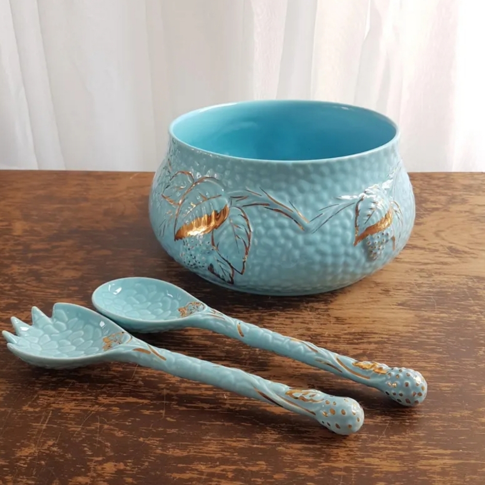 Vintage Wade England Golden Turquoise Salad Bowl & Matching Servers Set 1950s